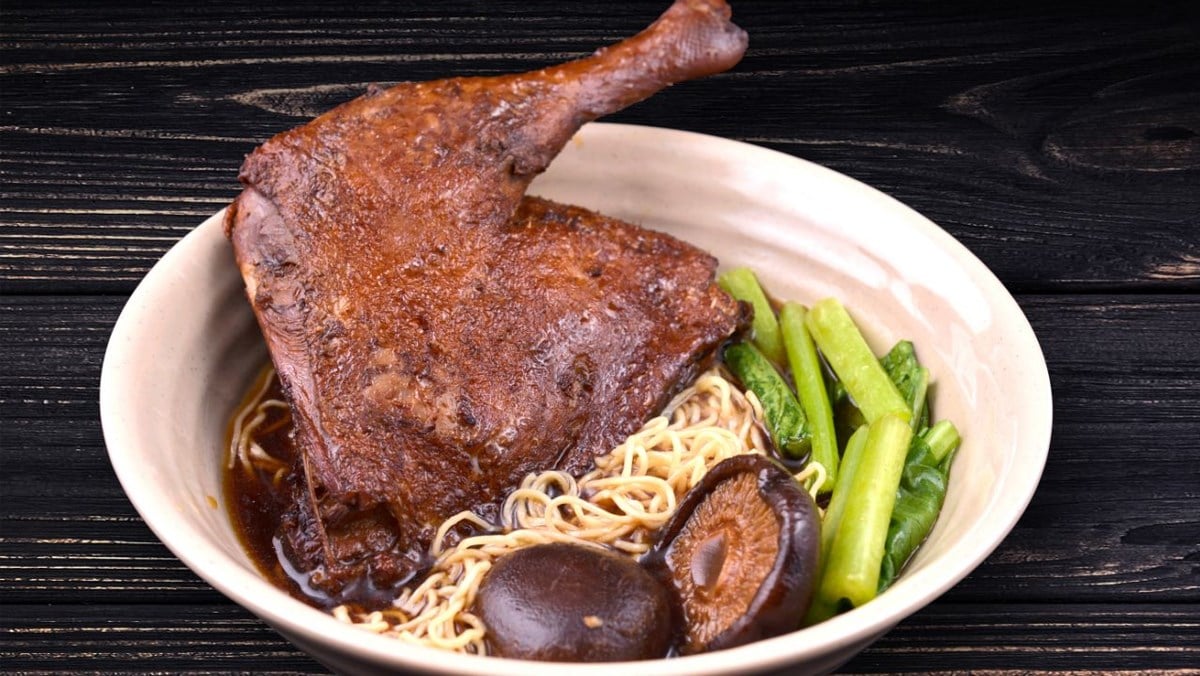 A comforting, hearty dish where tender roasted duck is served in a flavorful broth with noodles, garnished with herbs and fried shallots 